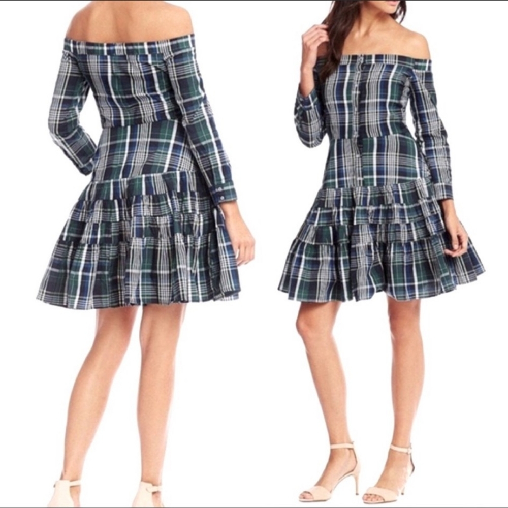 Gianni Bini Blue/Green plaid off the shoulder, ruffle dress (sz. Med)